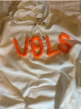 Women's White Pullover Hoodie with Orange Chenille Lettering